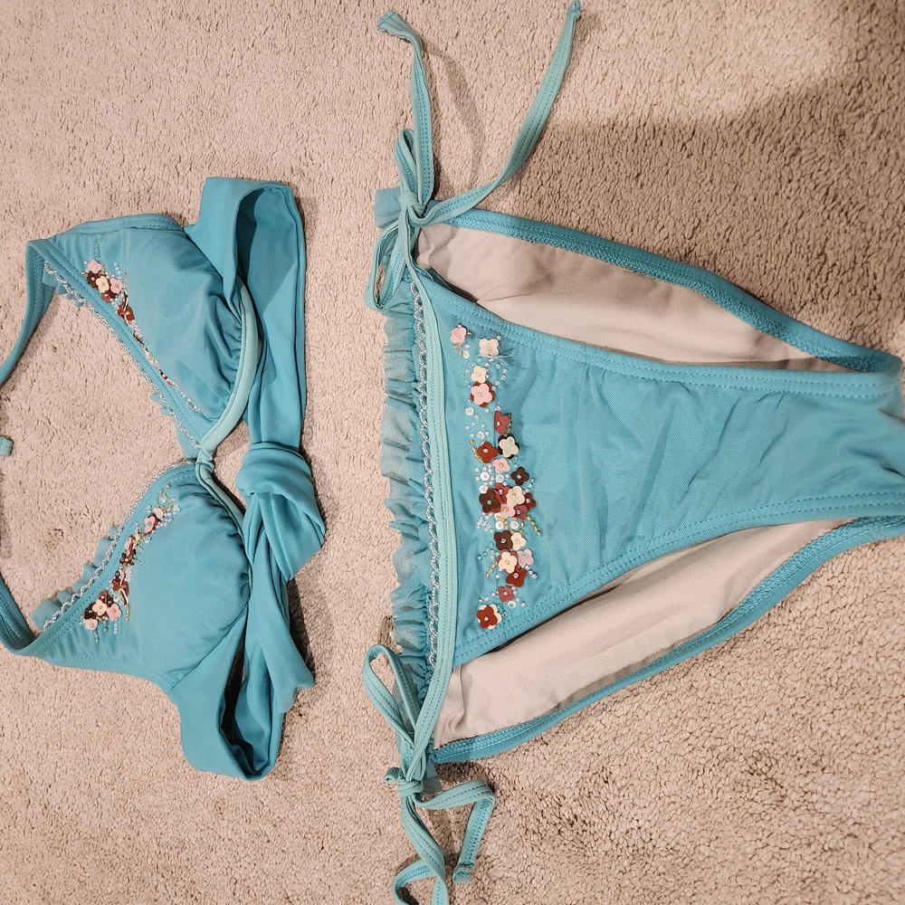 Teal Bikini Set with Floral Accents